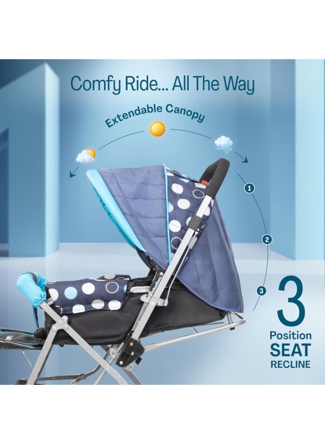 LuvLap Sunshine Baby Stroller/Pram for 0 to 3 Years, New Born/Toddler/Kid, 5 Point Safety Harness, Adjustable backrest, 360° Swivel Wheel, Large Storage Basket, Reversible Handlebar (Blue) - Image 4